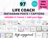 97 Instagram Posts + Captions for Life Coaches: Editable in Canva